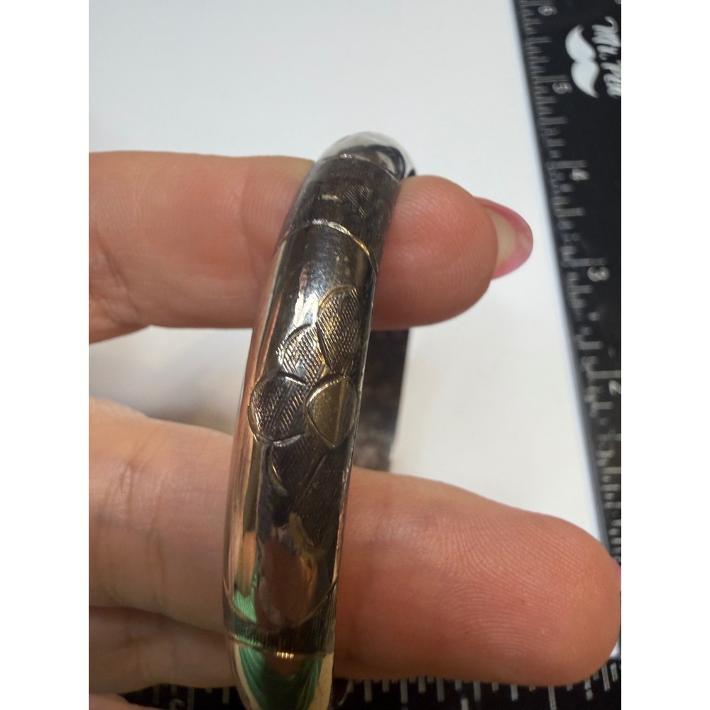 Etched Floral Hinged Bangle Bracelet Silver Toneā Safety Chain Classic Jewelry